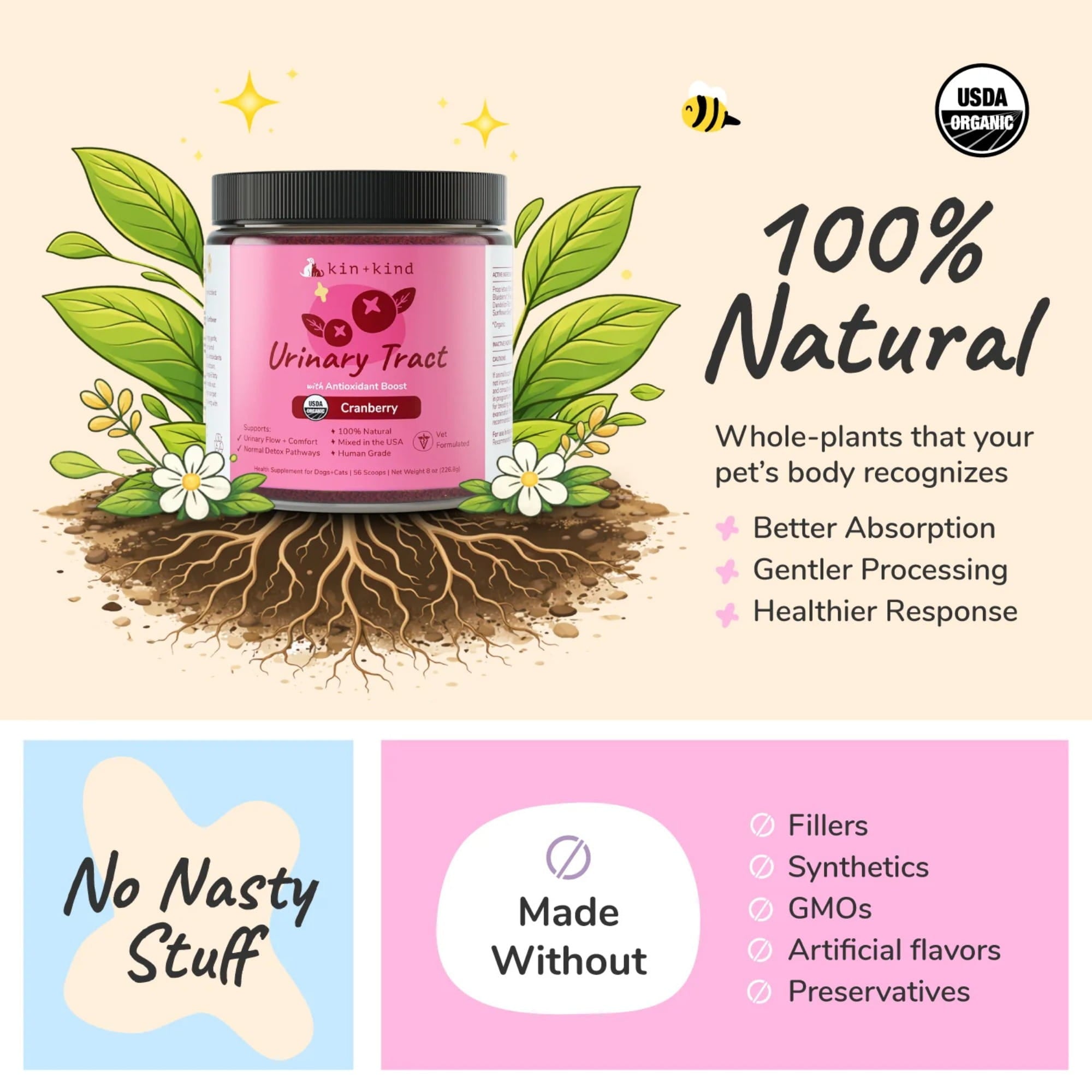 Kin+Kind Urinary Tract Antioxidant Boost Infographic USDA Organic and 100% Natural