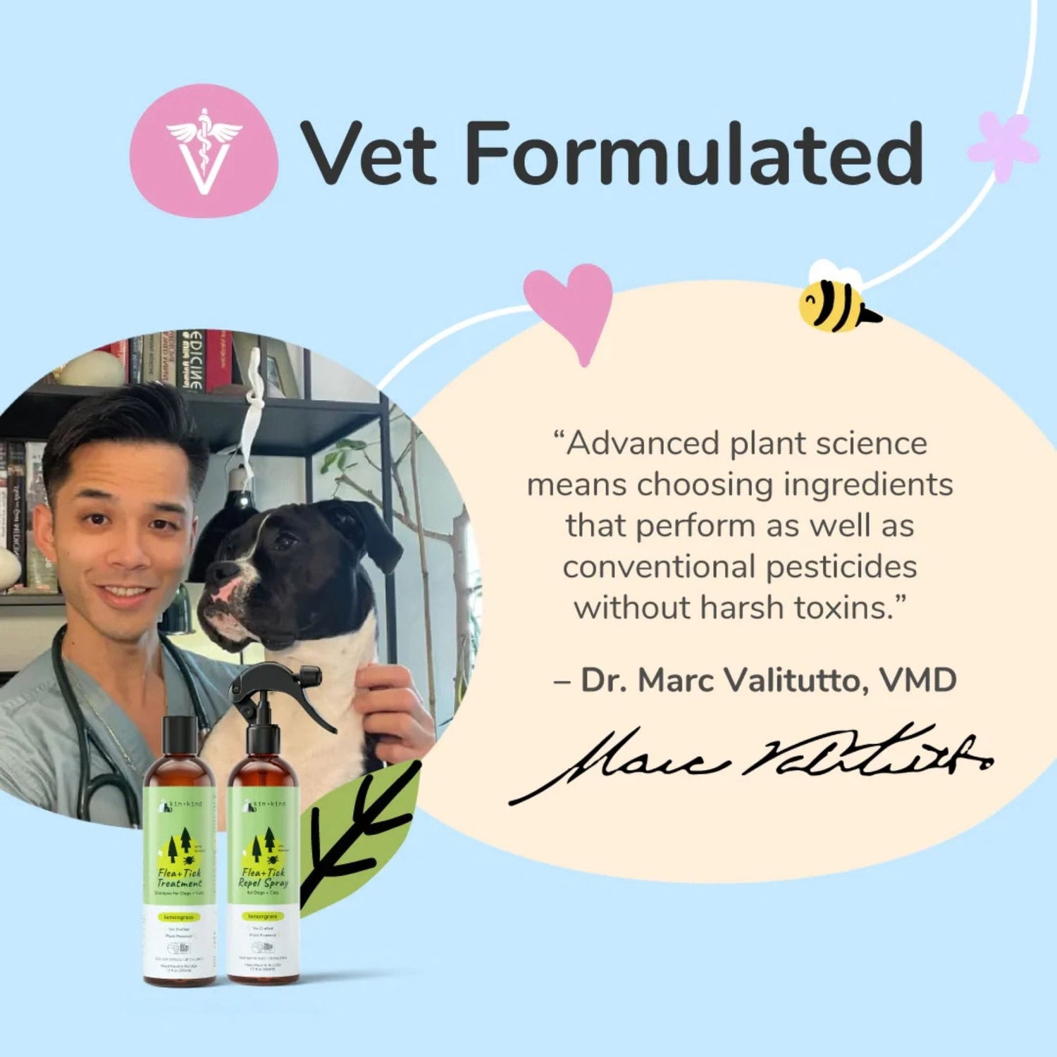 Advertisement for Vet Formulated Kin+Kind products with a veterinarian and dog, featuring a quote from Dr. Marc Valitutto, VMD.